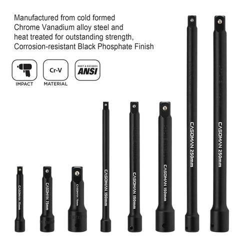 Assortment of 18 Piece Drive Tool Accessory Set With Premium CRV Steel And Black Phosphate Finish featuring extension bars.