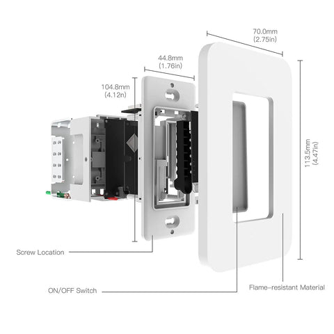 Exploded view of WiFi Smart Single Pole Wall Light Switch No Neutral Needed Works With Alexa And Google Home Smart Life