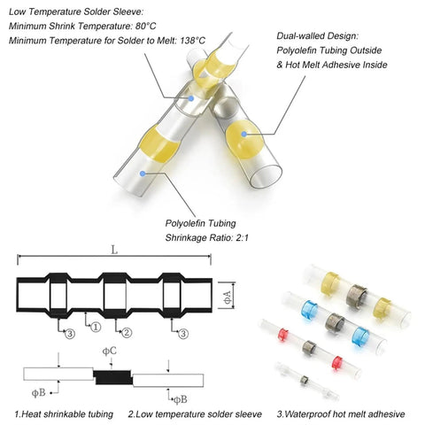 Super Durable Heat Shrink Butt Crimp Terminals 50 To 1200 Pack Waterproof Seal For AWG18 Wire Splice Kit Heavy Duty Insulated Connectors Perfect For Home Projects And Auto Repair Jobs. Diagram of dual-wall solder sleeve with heat shrink tubing and adhesive