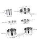 8 Piece Portable Stainless Steel Camping Cookware Set With Fire Resistant Pots And Bowls measured dimensions in inches and cm.