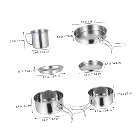 8 Piece Portable Stainless Steel Camping Cookware Set With Fire Resistant Pots And Bowls measured dimensions in inches and cm.