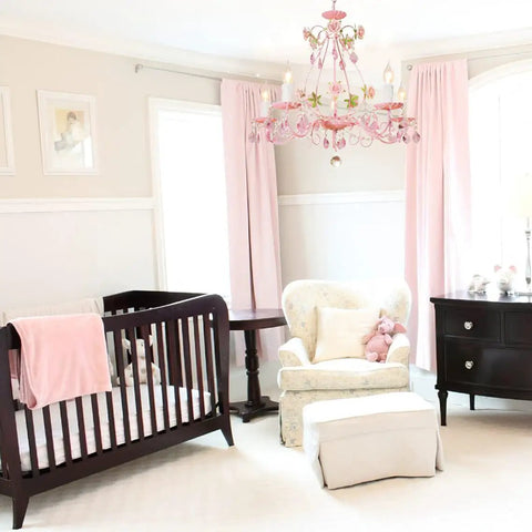 Pink Crystal Chandelier For Girls Room With Five Lights, 23.6 Inch Wide Rose Flower Style Pendant Lighting, above nursery