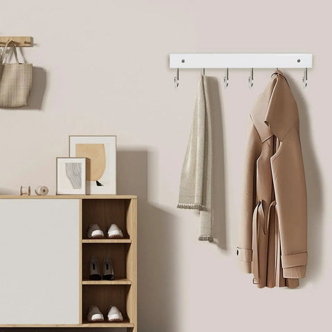 Two Pack Wall Mount Coat Rack With 12 Rotating 180 Degree Hooks 14.6 Inch Rustproof Wooden Entryway Organizer in white with coat and scarf