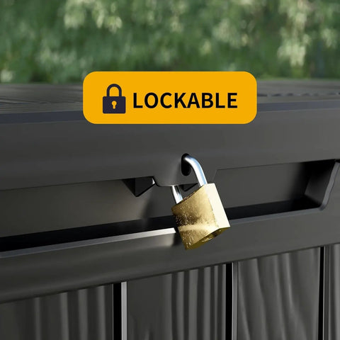 Close-up of Monster Size Outdoor Storage Box 320 Gallon Lockable Resin Deck Box Weatherproof Patio Storage Bin with lock