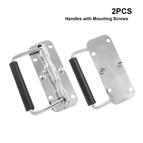 Hella Smooth 2 Pack Spring Loaded Folding Handles For Suitcase And Trunk Upgrades Built Dang Tough With Chrome Plating And Complete Mounting Screw Set showcasing two chrome handles with rubber grips.
