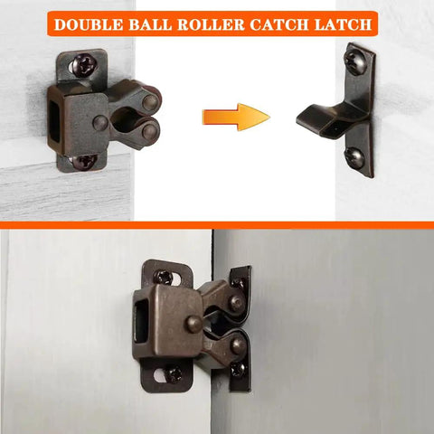 Heavy Duty Double Roller Cabinet Latch Bronze Copper Finish 2 Pack Spring Loaded Door Catch showing swivel design on cabinet.