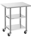 Stainless Steel Commercial Kitchen Work Table 24x30 With Wheels Two Shelf Heavy Duty Built Tough Utility Prep Table For Restaurant Home Hotel Garage Outdoor Use Everyday