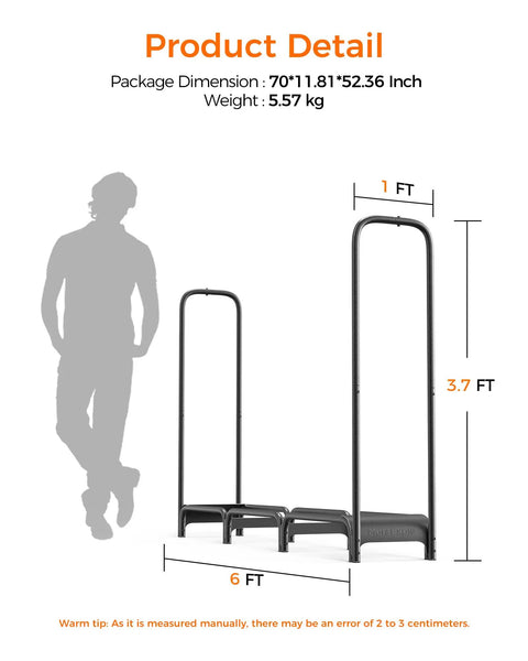 Heavy Duty 6ft Firewood Rack for Indoor and Outdoor Use Black Metal Log Holder with dimensions and silhouette for scale