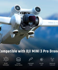 DJI Mini 3 Pro drone with ND Filter Set For DJI Mini 3 And Mini 3 Pro 6 Pack With CPL ND8 ND16 ND32 ND64 ND128, airborne view.