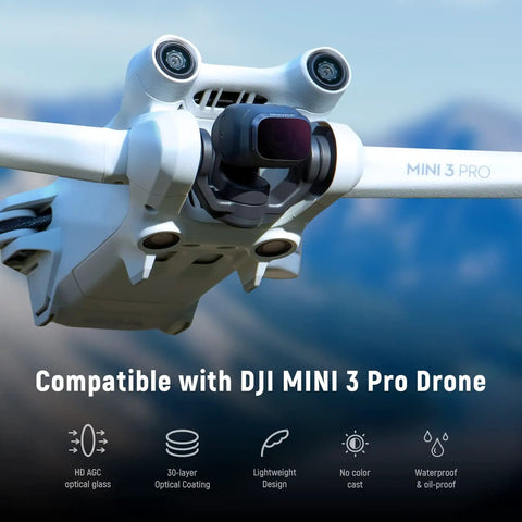 DJI Mini 3 Pro drone with ND Filter Set For DJI Mini 3 And Mini 3 Pro 6 Pack With CPL ND8 ND16 ND32 ND64 ND128, airborne view.