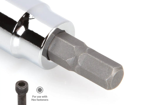 Close-up of a hex bit from 3/8 Inch Drive Hex Socket Set, 36-Piece With Inch And Metric Hex Bits And Long Sockets, Chrome Steel