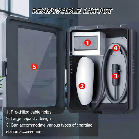 Tough As Nails EV Charger Lock Box With Key, heavy duty design, interior layout showing cable holes and charging cable.