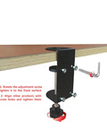Heavy Duty 3 Inch C Clamp 2 Pack With Four Hole Back, adjustable desk clamps installed on a wooden surface, non-slip pads visible