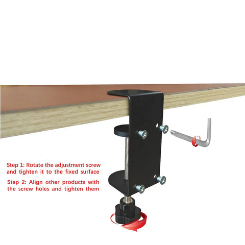 Heavy Duty 3 Inch C Clamp 2 Pack With Four Hole Back, adjustable desk clamps installed on a wooden surface, non-slip pads visible