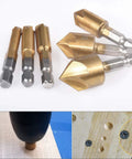 HOHXEN 6-pack countersink bits with hex shanks; 90-degree, 5-flute, titanium-coated high-carbon steel for wood/metal.