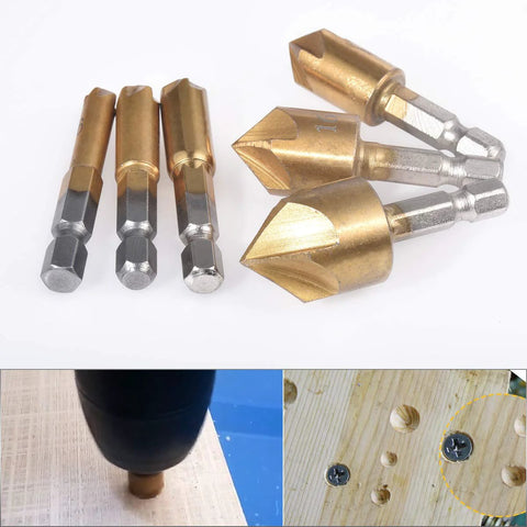 HOHXEN 6-pack countersink bits with hex shanks; 90-degree, 5-flute, titanium-coated high-carbon steel for wood/metal.