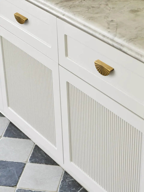 Two Pack Antique Brass Cabinet Pulls Flat Cup Drawer Handles for kitchen cupboard; zinc alloy; vintage style.