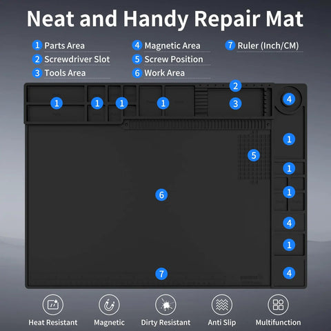 Large Soldering Mat Heat Resistant Up To 932 Fahrenheit with 17 accessory zones, magnetic areas, and compartments for electronics repair.