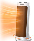 Powerful 1500W Ceramic Space Heater With Wide Oscillation, 17.7 Inch Tall, heats room with orange heat flow, white finish