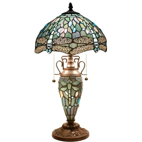 Sea Blue Stained Glass Dragonfly Tiffany Style Lampshade Replacement, 12 Inch Diameter X 6 Inch Height on a bronze lamp base