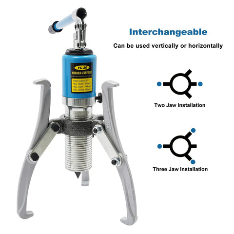 Badass Heavy Duty 20 Ton Hydraulic Gear Puller With Case Removes Seized Bearings Gears Pulleys Off Cars Trucks Using Forged Alloy Steel Strength Plus Versatile Two Or Three Jaw Options That Spin 360 Degrees Helping Mechanics Fix All Tough Jobs, two-jaw setup