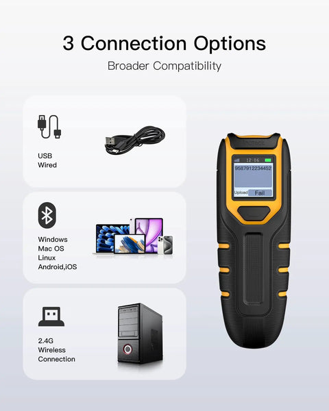 Wireless Bluetooth Barcode Scanner With 1.4 Inch Display, Handy 1D/2D and QR Code Reader, showing connection options and devices