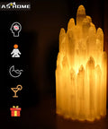 Handcrafted Selenite Lamp With Mountain Peak Design, Dimmable Bedside Night Light with glowing white salt crystal tower