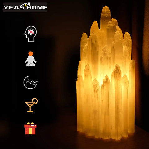 Handcrafted Selenite Lamp With Mountain Peak Design, Dimmable Bedside Night Light with glowing white salt crystal tower