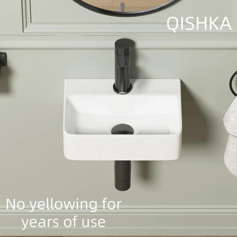 Slick White Rectangular Wall Mount Bathroom Sink Dead Simple Installation Features A Compact Ceramic Vessel Basin Perfect For Tiny Bathrooms Rv Campers And Guest Quarters With Smooth Rounded Edges That Bring Top Shelf Style To Any Room