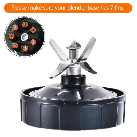 High Performance Seven Fin Male Blender Blade Replacement With Rubber Gasket Seal Fits Eighteen Ounce Twenty Four Ounce And Thirty Two Ounce Cups Perfectly, showing blade and fins