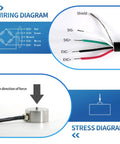 Tiny Button Type Load Cell Sensor For Weighing And Force Sensing, Tension And Compression Ready, High Precision 0.2 Percent, 20x12mm, 3m Cable, Handles 0-200kg With Easy Mounting. Wiring diagram for button load cell with color-coded leads and stress direction