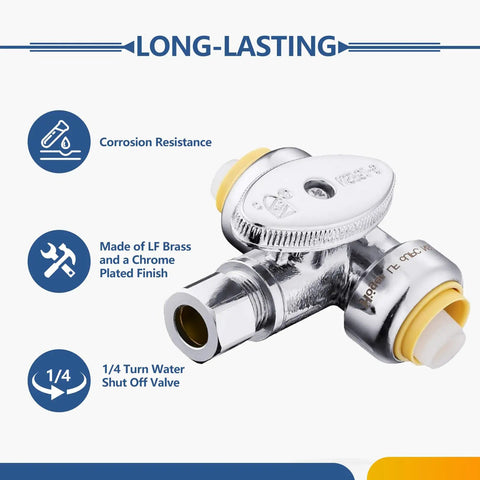 50 Pack Push Fit Tee Stop Valve Set With Quarter Turn Shut Off, Half Inch Push To Half Inch Push And Three Eighth Inch OD Compression Valves With Disconnect Clip, Brass Chrome Plated, Corrosion Resistant, Easy Install For Copper PEX CPVC PE-RT, chrome brass 1/4 turn valve