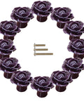 12 Pack Purple Rose Ceramic Knobs For Cabinets And Dressers Rose Flower Vintage Style Pulls With 3 Screw Sizes and European finish