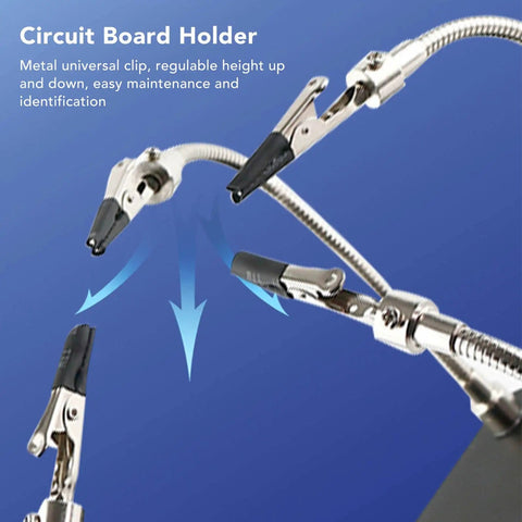 Close-up of clips on Soldering Helper Arm With 3X Magnifying Lamp The Ultimate Third Hand Soldering Station For PCB And Circuit Boards Adjustable 360 Degree Arm Hands Free Precision Electronics Stand.