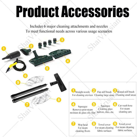Top Shelf Heavy Duty Steam Cleaner Crushing Kitchen Grease Driveway Grime And Car Wax With Sweltering Hot Vapor accessories including nozzles and brushes.