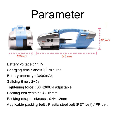 Battery-Powered Electric Strapping Machine For PP PET Straps, Auto Tighten, Easy Setup, side view, dimensions shown