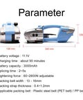 Cordless Battery-Powered Strapping Machine For PP PET Tape, Automatic One-Touch Tighten, Heavy-Duty Industrial Grade, Perfect For Paper Mills, Chemical Plants, Plastic Plants, With Gloves And Dual Batteries. 340mm x 120mm dimensions shown