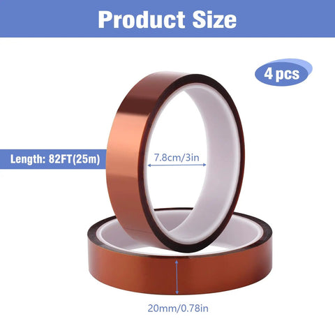 Four Rolls 20mm by 25m Heat Resistant Sublimation Tape For Heat Press And Soldering, No Residue, shown with dimensions.