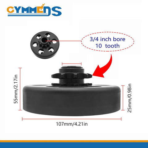 Go Kart Clutch With Three Quarter Inch Bore 10 Tooth And 40 41 420 Chain Centrifugal Clutch side view showing dimensions