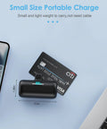 Nifty 5000mAh PD Fast Charging Power Bank For iPhone 14 And 13 Series slim charger on table with phone, 3.2 by 1.96 inches, direct plug design.