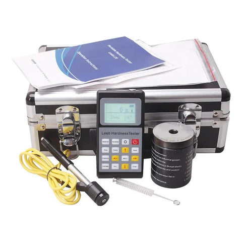 Heavy Duty Portable Digital Brinell Hardness Tester For Metal And Alloy Analysis Featuring Rock Solid Stainless Steel Build Big Time Precision Sunlight Ready LCD Screen Smooth Operator Crank Handle Top Shelf Hardware Tool in a protective case with included accessories.