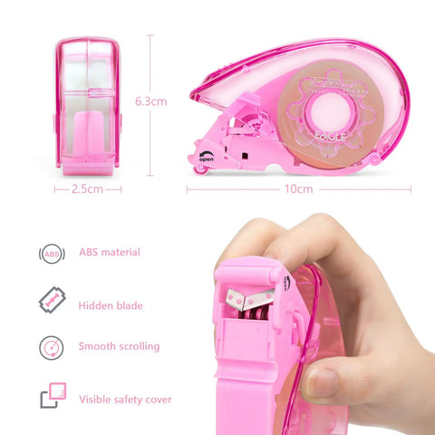 Sleek Pink Automatic Tape Dispenser For Washi And Standard Office Tape Super Handheld Push Cut Mechanism visible hand holding dispenser