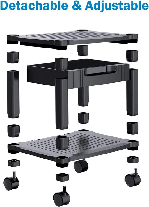 Exploded view of Printer Stand With Space Saving Cable Management And Storage Drawer, Rolling Printer Cart With Locking Wheels
