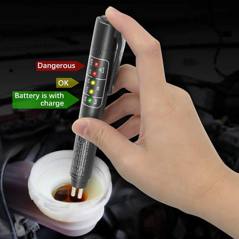 Brake fluid tester front view: black handheld device with 5 LED indicators for DOT3/DOT4 moisture test