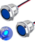 Two Pack 22mm Metal Indicator Light Seven Eighths Inch Mounting Hole 110-220 VAC IP67 Waterproof Flat Head LED Pilot Lamp With 20cm Wire Blue For Car Boat Truck Durable Brass Nickel Plated Case, front view