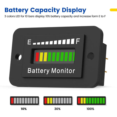 Universal Led Golf Cart Battery Level Indicator Meter Monitor For 12V To 72V Lithium And Lead Acid With Ten Segment Gauge Display, showing LED bars.
