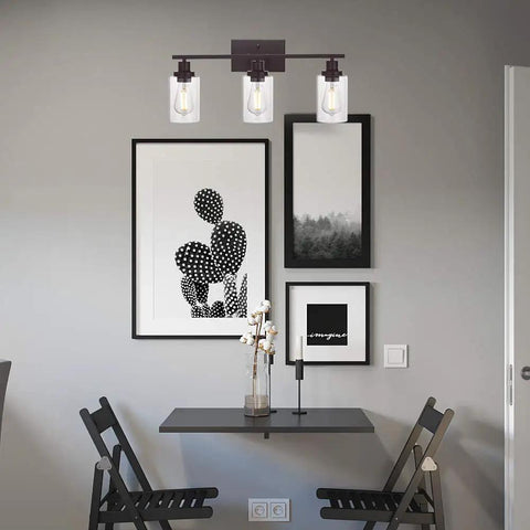 Three Light Vanity Light In Oil Rubbed Bronze, Industrial Wall Sconce With Clear Glass Shades For Bathroom Bedroom Porch Kitchen Living Room