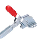 Heavy Duty Toggle Clamp Keeping Workpieces Locked Down Tight With Rock Solid Grip And Five Oh Seven Pound Clamping Force Adjustable Spindle Hold Down Hand Clamp For Woodworking Jigs Fixtures Drill Press And Welding Table, silver metal with red handle.