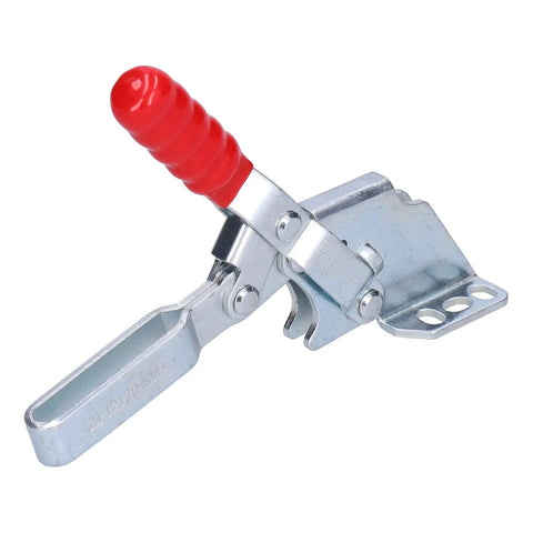 Heavy Duty Toggle Clamp Keeping Workpieces Locked Down Tight With Rock Solid Grip And Five Oh Seven Pound Clamping Force Adjustable Spindle Hold Down Hand Clamp For Woodworking Jigs Fixtures Drill Press And Welding Table, silver metal with red handle.