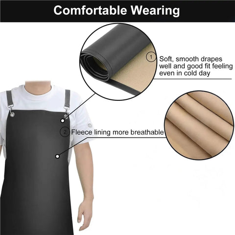 Heavy Duty Waterproof Vinyl Apron 43 Inch Cross Back Adjustable Dishwashing Apron For Restaurant Kitchen Butcher Lab Work And Dog Grooming Black Anti Tear Design Tough As Nails shown with fleece lining details and soft drapes